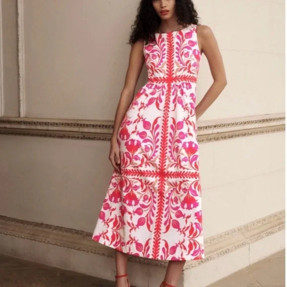 Boden Lauren Cotton Midi Dress Poppy Red Elaborate Flora 6 R NWT - Picture 2 of 14